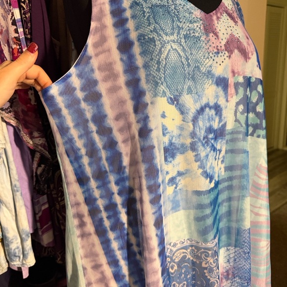 ONE WORLD Life and Let Live Blue and Pink Patchwork Layered Tunic Dress Cover up - Picture 6 of 8